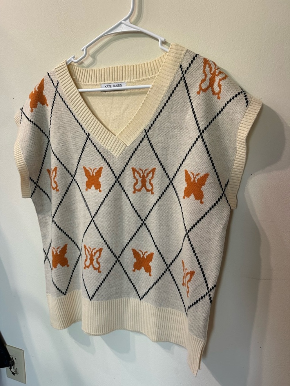 Kate Kasin Argyle Butterfly Print Sweater Vest